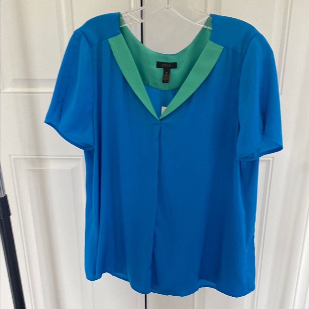 Prive Blue and Green Blouse with Notched Collar
